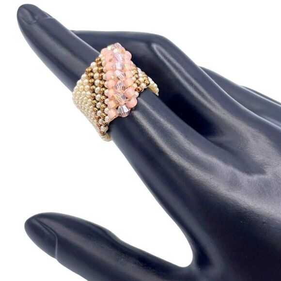Cream with Bronze and Champagne Crystal Cellini Spiral Statement Ring Size 7 - Picture 5 of 6
